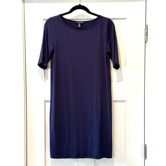Eileen Fisher Viscose Spandex Navy Short Sleeve Stretch Shift Dress Size XS - Picture 1 of 7
